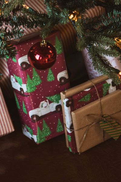 wrapped gifts under a tree