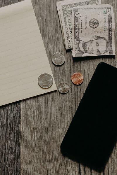 money, phone, sticky notes for building income on a farming lifestyle